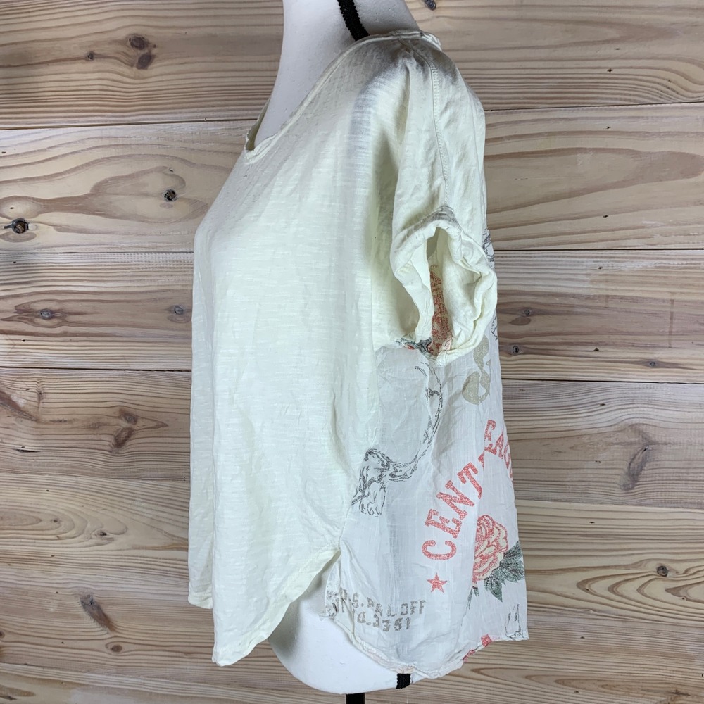 Pilcro Top Womens XS Cream Graphic Back Mixed Media Relaxed Shirt Indie Tiger
